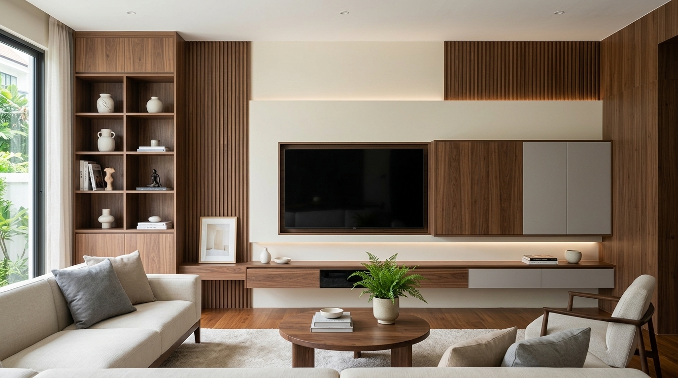 Custom walnut built-in shelving, fluted wall panels and floating TV cabinet in a Kuala Lumpur living room